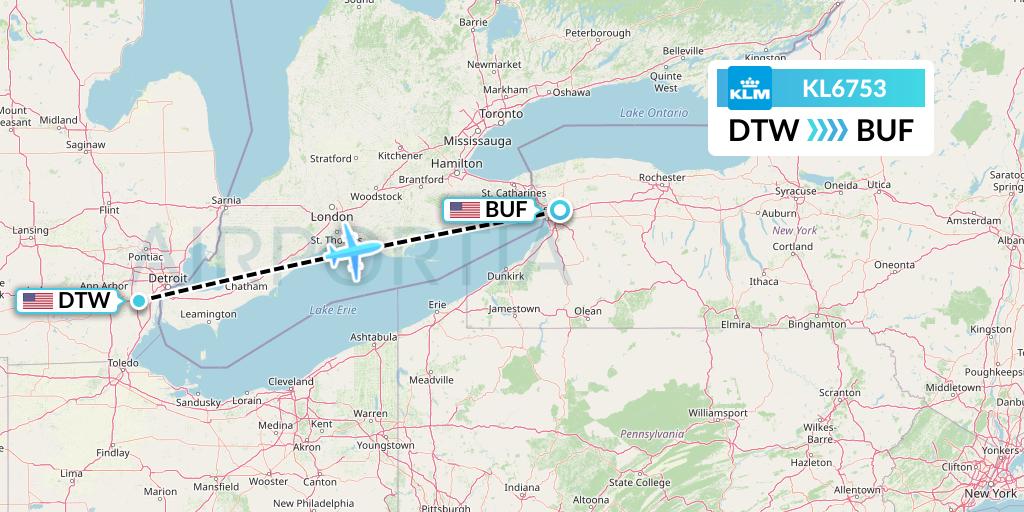 KL6753 KLM Flight Map: Detroit to Buffalo