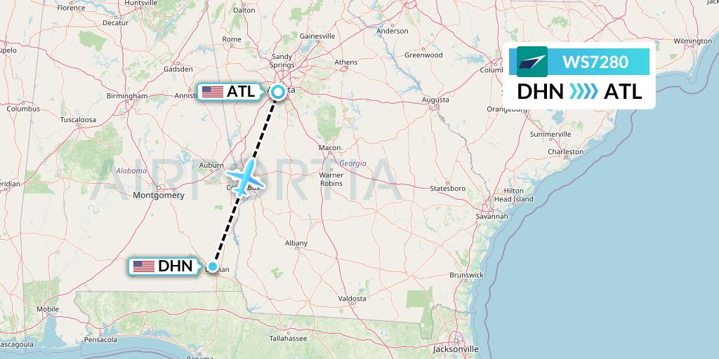 WS7280 WestJet Flight Map: Dothan to Atlanta