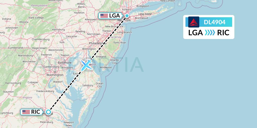 DL4904 Delta Air Lines Flight Map: New York to Richmond