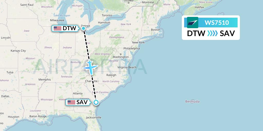 WS7510 WestJet Flight Map: Detroit to Savannah