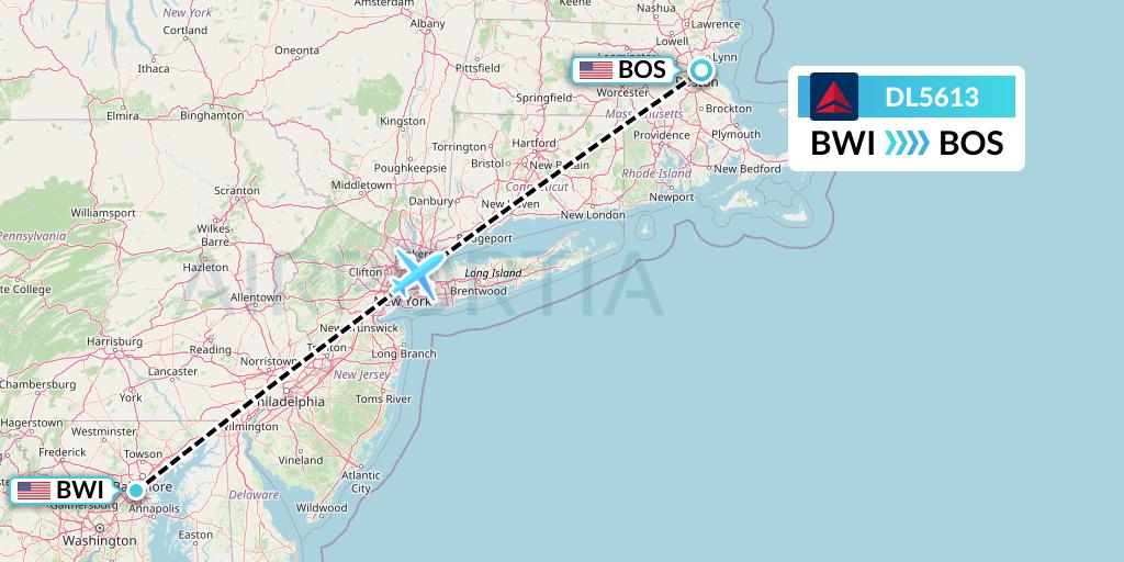 DL5613 Delta Air Lines Flight Map: Baltimore to Boston