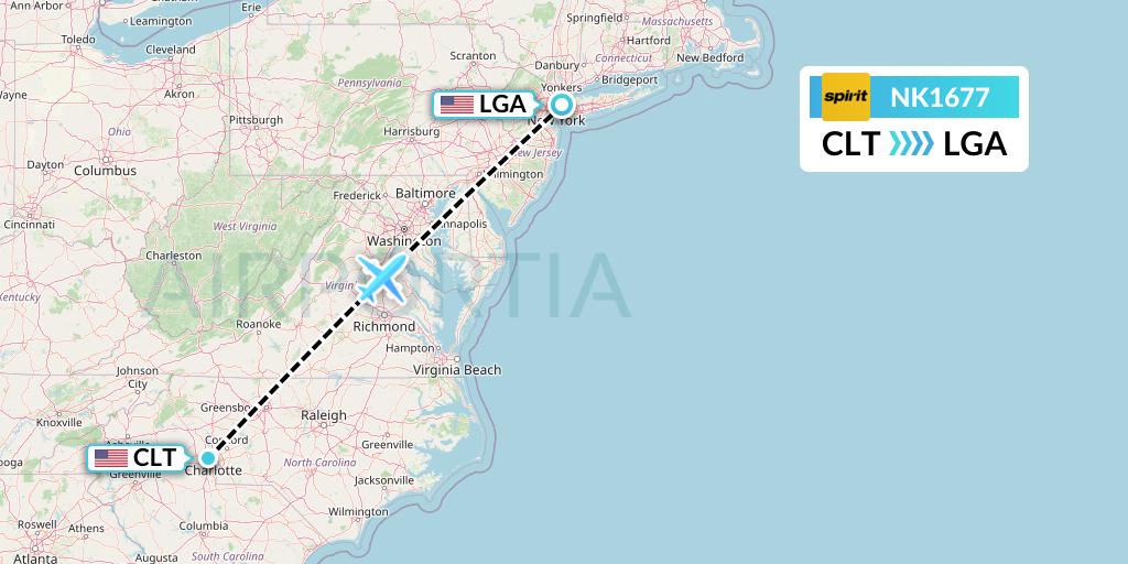 NK1677 Spirit Airlines Flight Map: Charlotte to New York