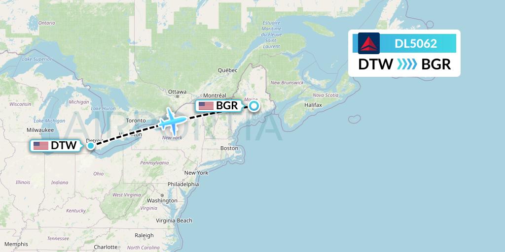 DL5062 Delta Air Lines Flight Map: Detroit to Bangor