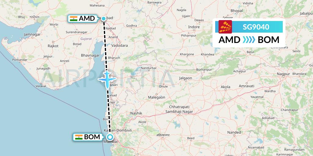 SG9040 SpiceJet Flight Map: Ahmedabad to Mumbai