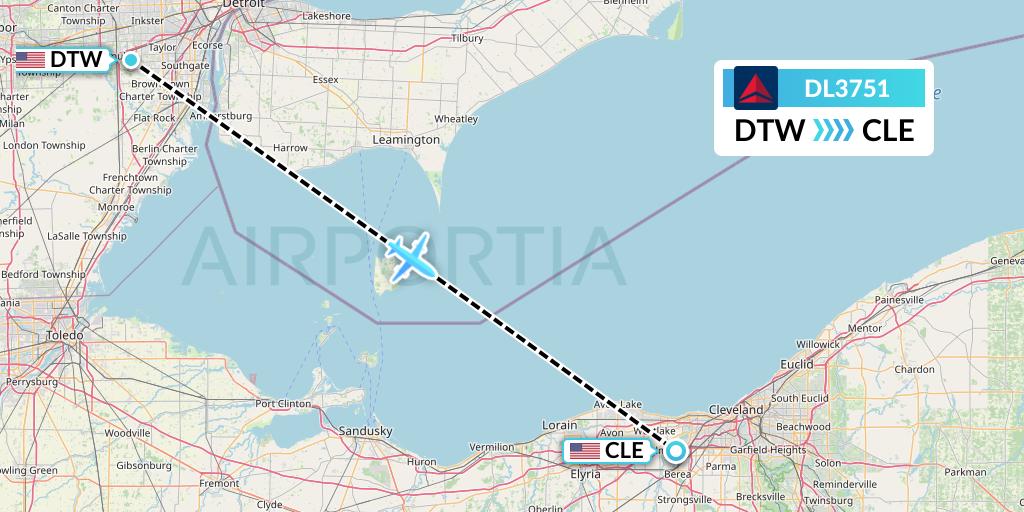 DL3751 Delta Air Lines Flight Map: Detroit to Cleveland