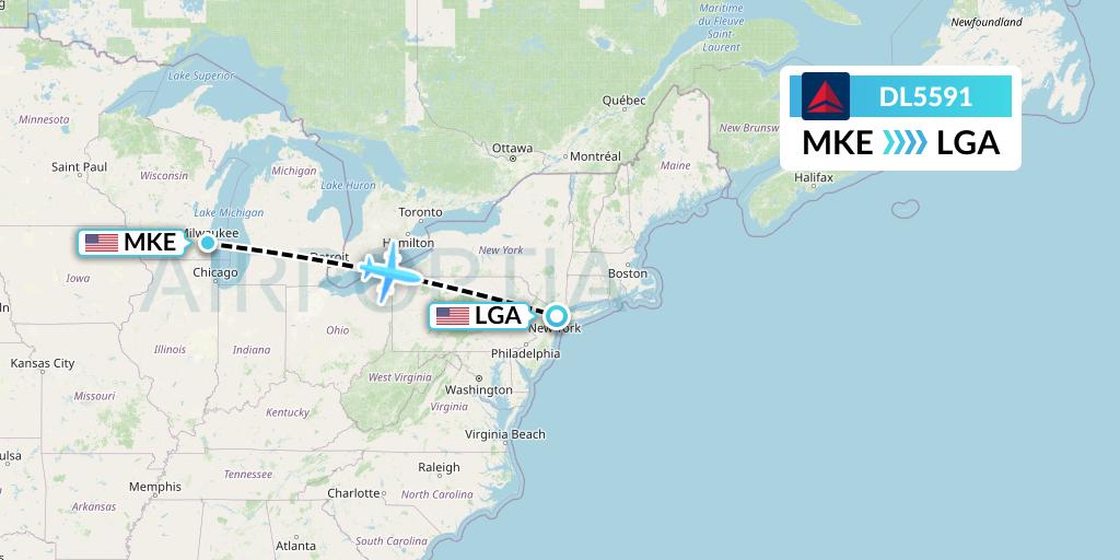 DL5591 Delta Air Lines Flight Map: Milwaukee to New York
