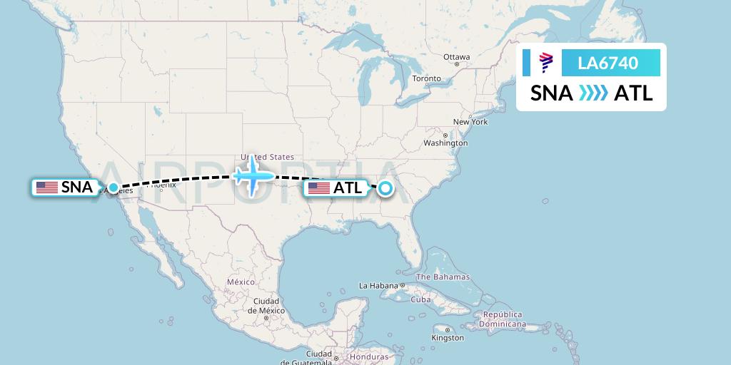 LA6740 LAN Airlines Flight Map: Orange County to Atlanta