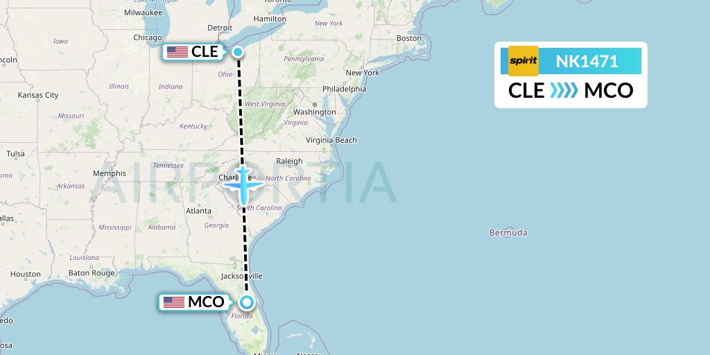 NK1471 Spirit Airlines Flight Map: Cleveland to Orlando