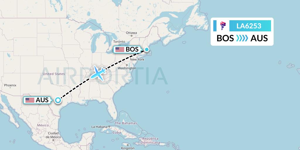 LA6253 LAN Airlines Flight Map: Boston to Austin