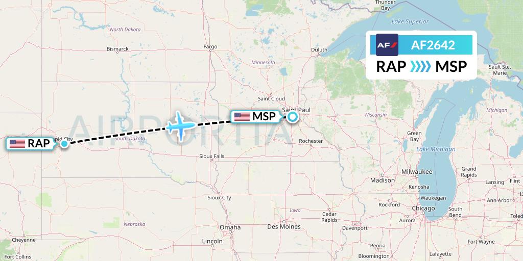 AF2642 Air France Flight Map: Rapid City to Minneapolis