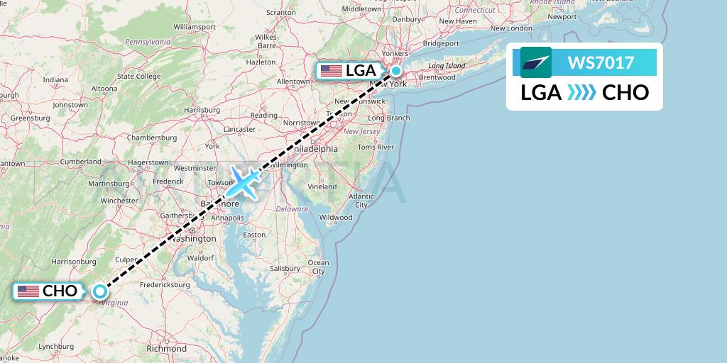 WS7017 WestJet Flight Map: New York to Charlottesville