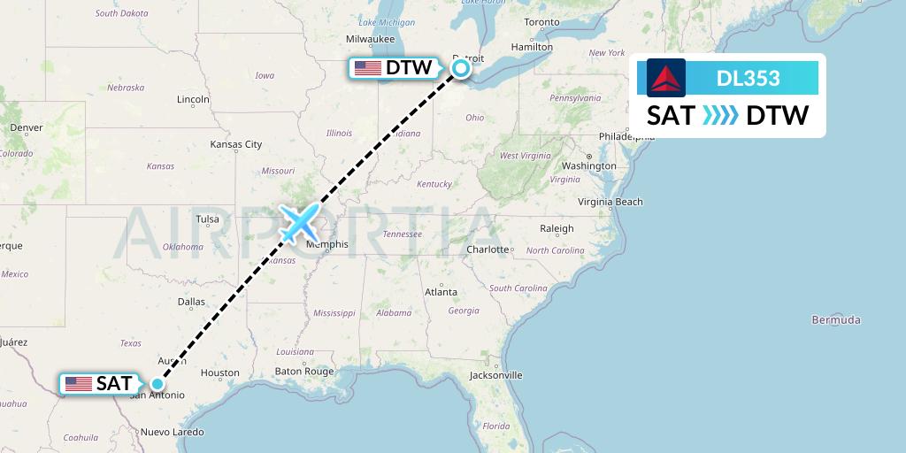 DL353 Delta Air Lines Flight Map: San Antonio to Detroit