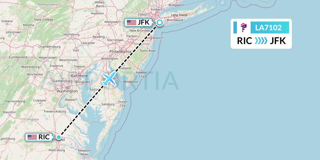 LA7102 LAN Airlines Flight Map: Richmond to New York