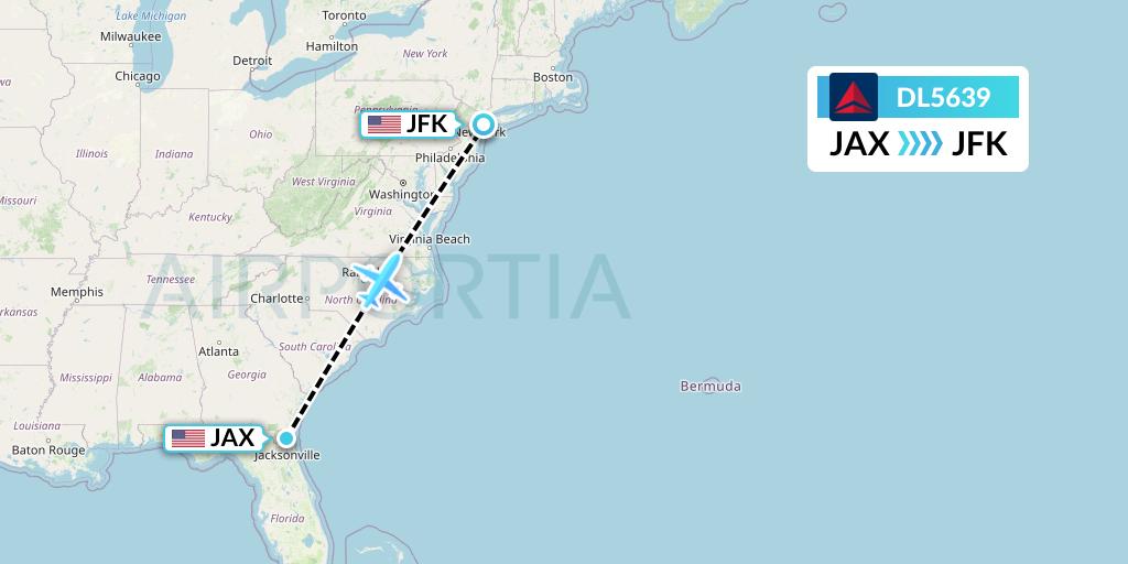 DL5639 Delta Air Lines Flight Map: Jacksonville to New York