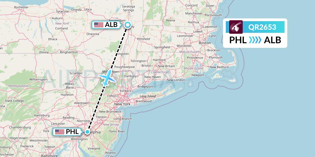 QR2653 Qatar Airways Flight Map: Philadelphia to Albany