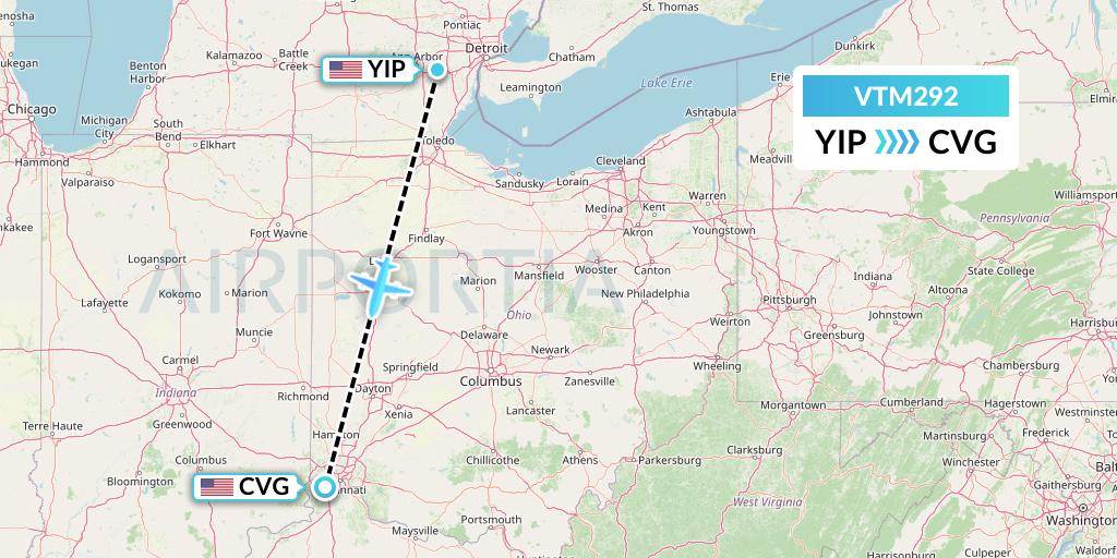 VTM292 Aeronaves TSM Flight Map: Detroit to Cincinnati