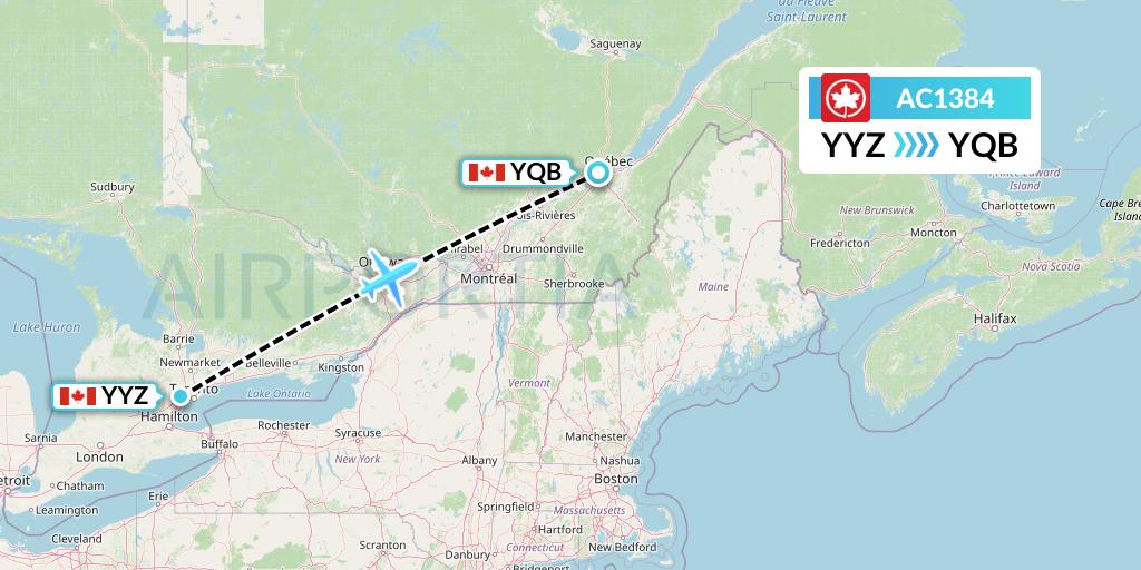 AC1384 Air Canada Flight Map: Toronto to Quebec