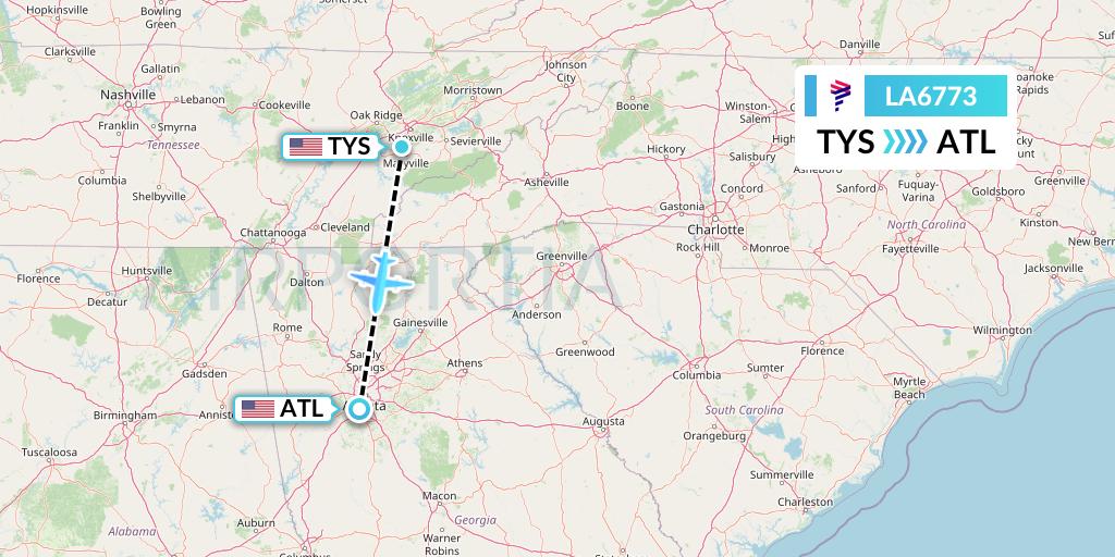 LA6773 LAN Airlines Flight Map: Knoxville to Atlanta