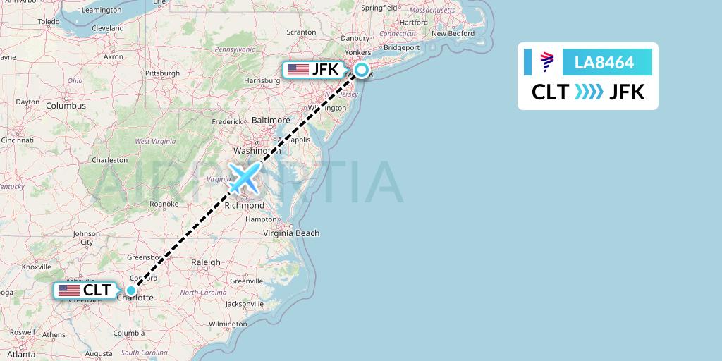 LA8464 LAN Airlines Flight Map: Charlotte to New York