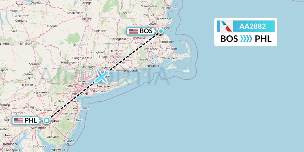 AA2882 American Airlines Flight Map: Boston to Philadelphia