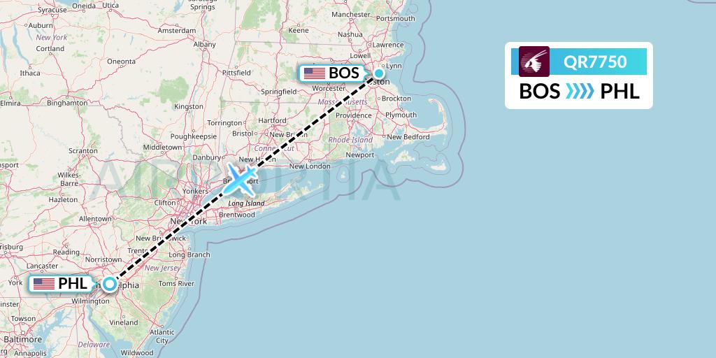 QR7750 Qatar Airways Flight Map: Boston to Philadelphia