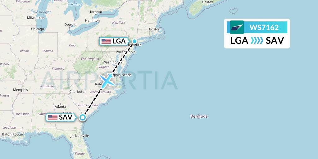 WS7162 WestJet Flight Map: New York to Savannah