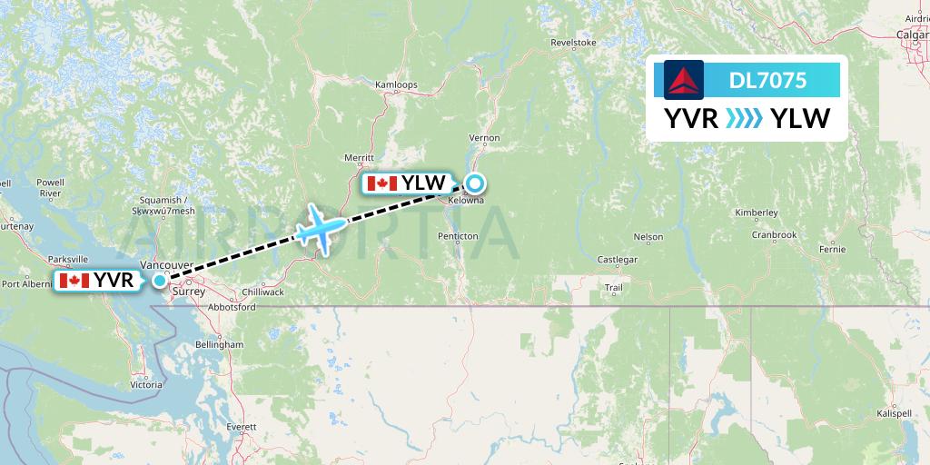 DL7075 Delta Air Lines Flight Map: Vancouver to Kelowna