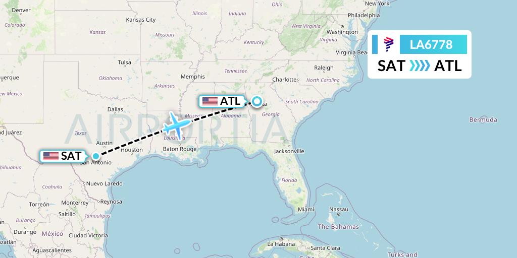 LA6778 LAN Airlines Flight Map: San Antonio to Atlanta