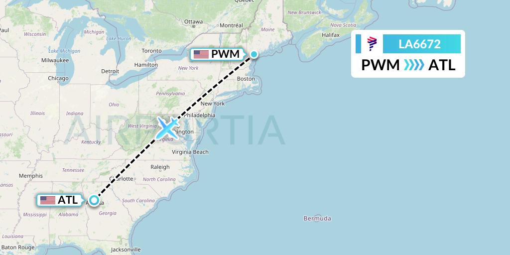LA6672 LAN Airlines Flight Map: Portland to Atlanta