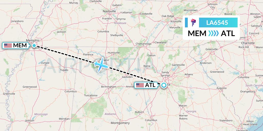 LA6545 LAN Airlines Flight Map: Memphis to Atlanta