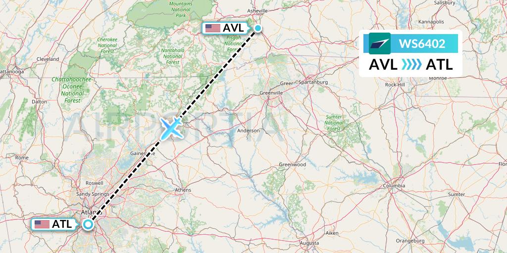 WS6402 WestJet Flight Map: Asheville to Atlanta