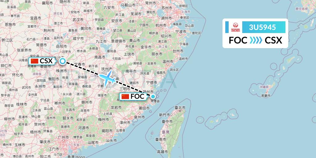 3U5945 Sichuan Airlines Flight Map: Fuzhou to Changsha