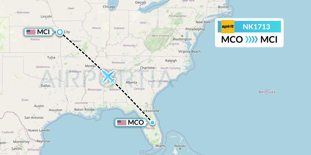 NK1713 Spirit Airlines Flight Map: Orlando to Kansas City