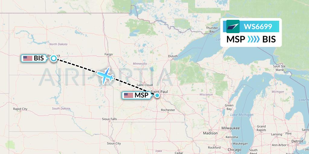 WS6699 WestJet Flight Map: Minneapolis to Bismarck