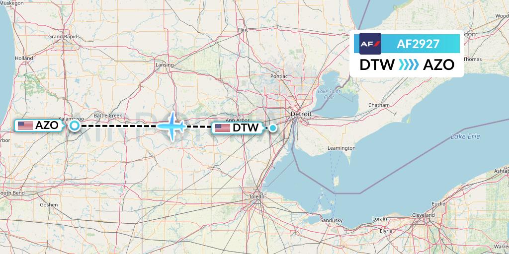 AF2927 Air France Flight Map: Detroit to Kalamazoo