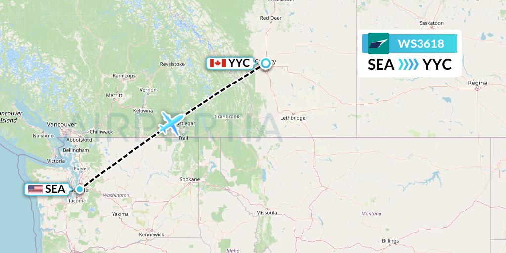 WS3618 WestJet Flight Map: Seattle to Calgary