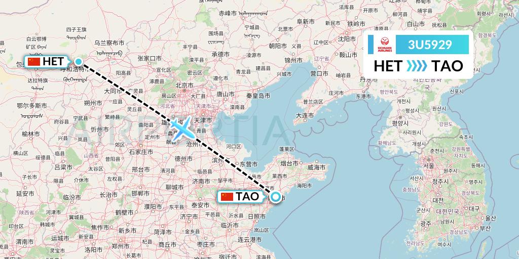 3U5929 Sichuan Airlines Flight Map: Hohhot to Qingdao
