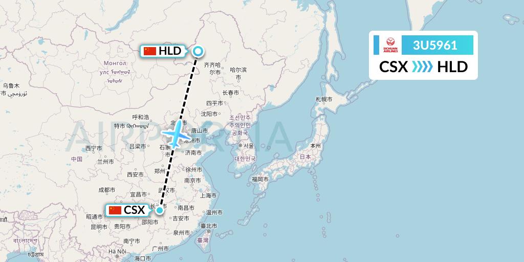 3U5961 Sichuan Airlines Flight Map: Changsha to Hailar