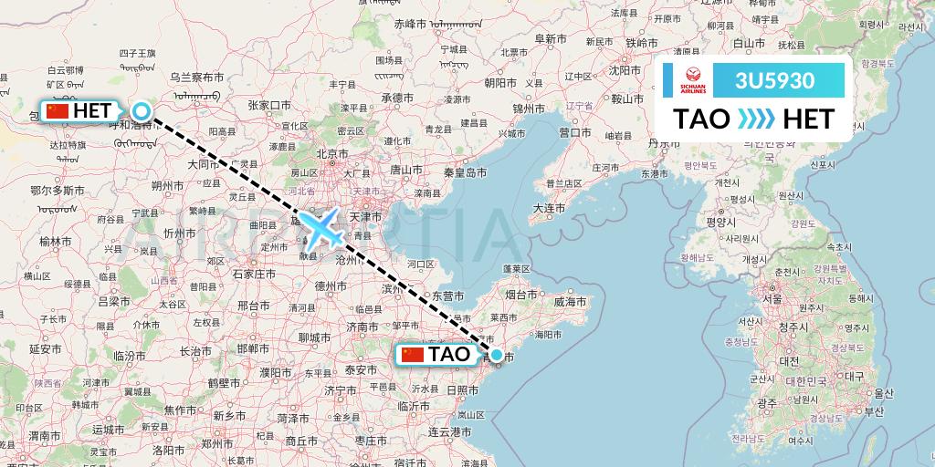 3U5930 Sichuan Airlines Flight Map: Qingdao to Hohhot