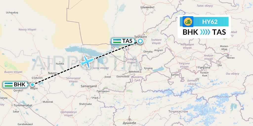 HY62 Uzbekistan Airways Flight Map: Bukhara to Tashkent