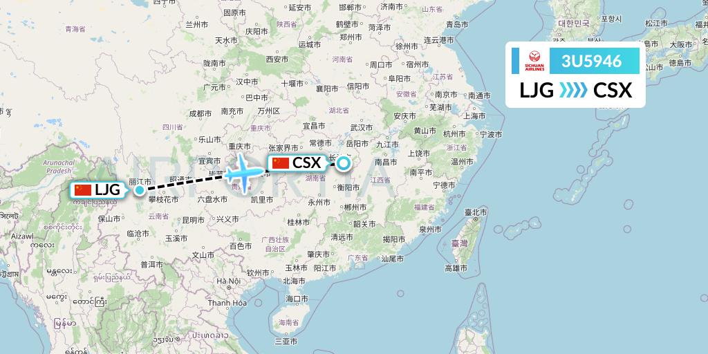 3U5946 Sichuan Airlines Flight Map: Lijiang to Changsha