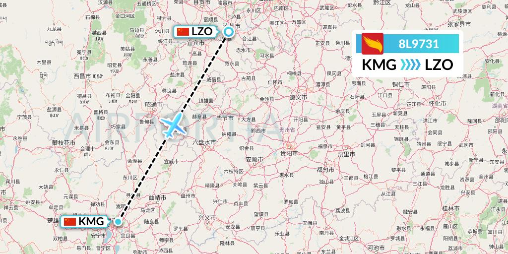 8L9731 Lucky Air Flight Map: Kunming to Luzhou