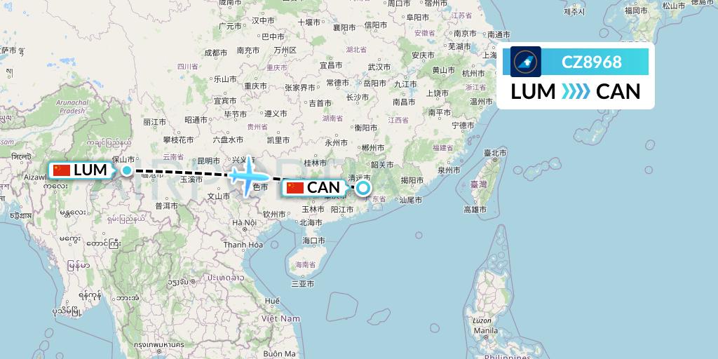 CZ8968 China Southern Airlines Flight Map: Mangshi to Guangzhou