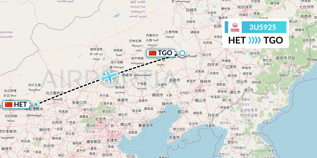 3U5925 Sichuan Airlines Flight Map: Hohhot to Tongliao