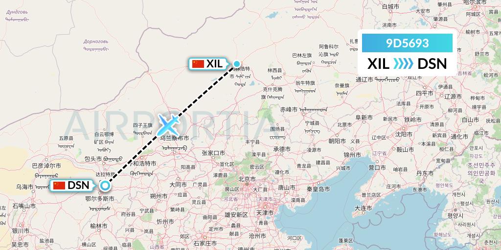 9D5693 Genghis Khan Airlines Flight Map: Xilinhot to Dongsheng