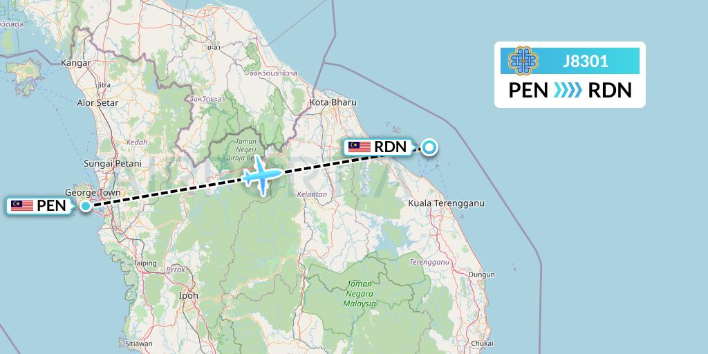 J8301 Berjaya Air Flight Map: Penang to Redang