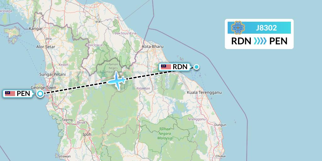 J8302 Berjaya Air Flight Map: Redang to Penang
