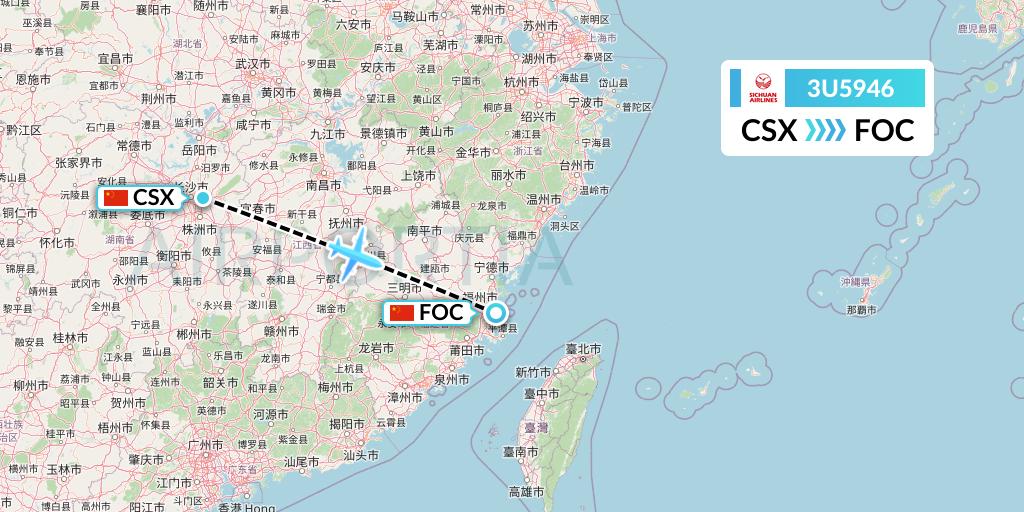 3U5946 Sichuan Airlines Flight Map: Changsha to Fuzhou