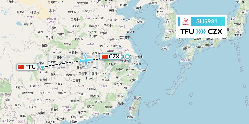 3U5931 Sichuan Airlines Flight Map: Chengdu to Changzhou