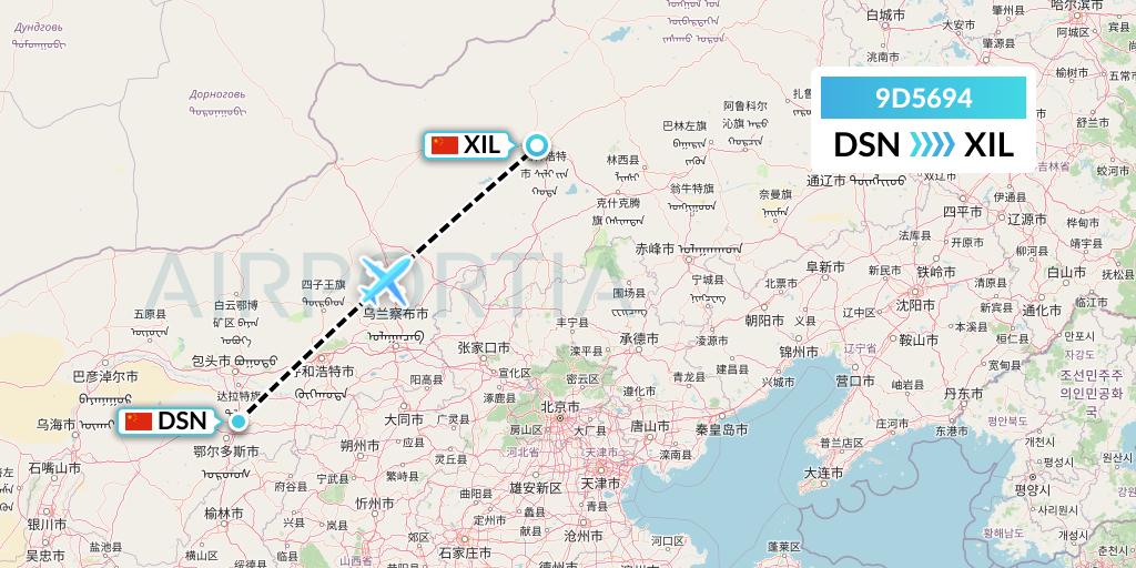 9D5694 Genghis Khan Airlines Flight Map: Dongsheng to Xilinhot